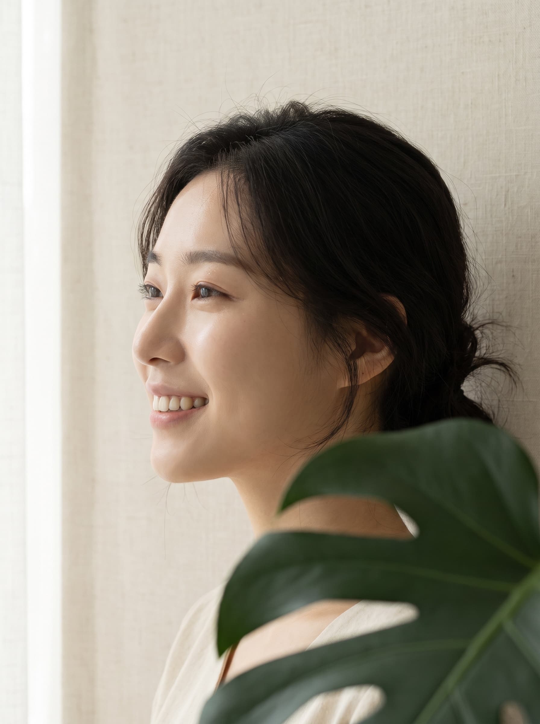 자연스러운 옆모습 미소 — 투명교정이 지향하는 티 나지 않는 변화